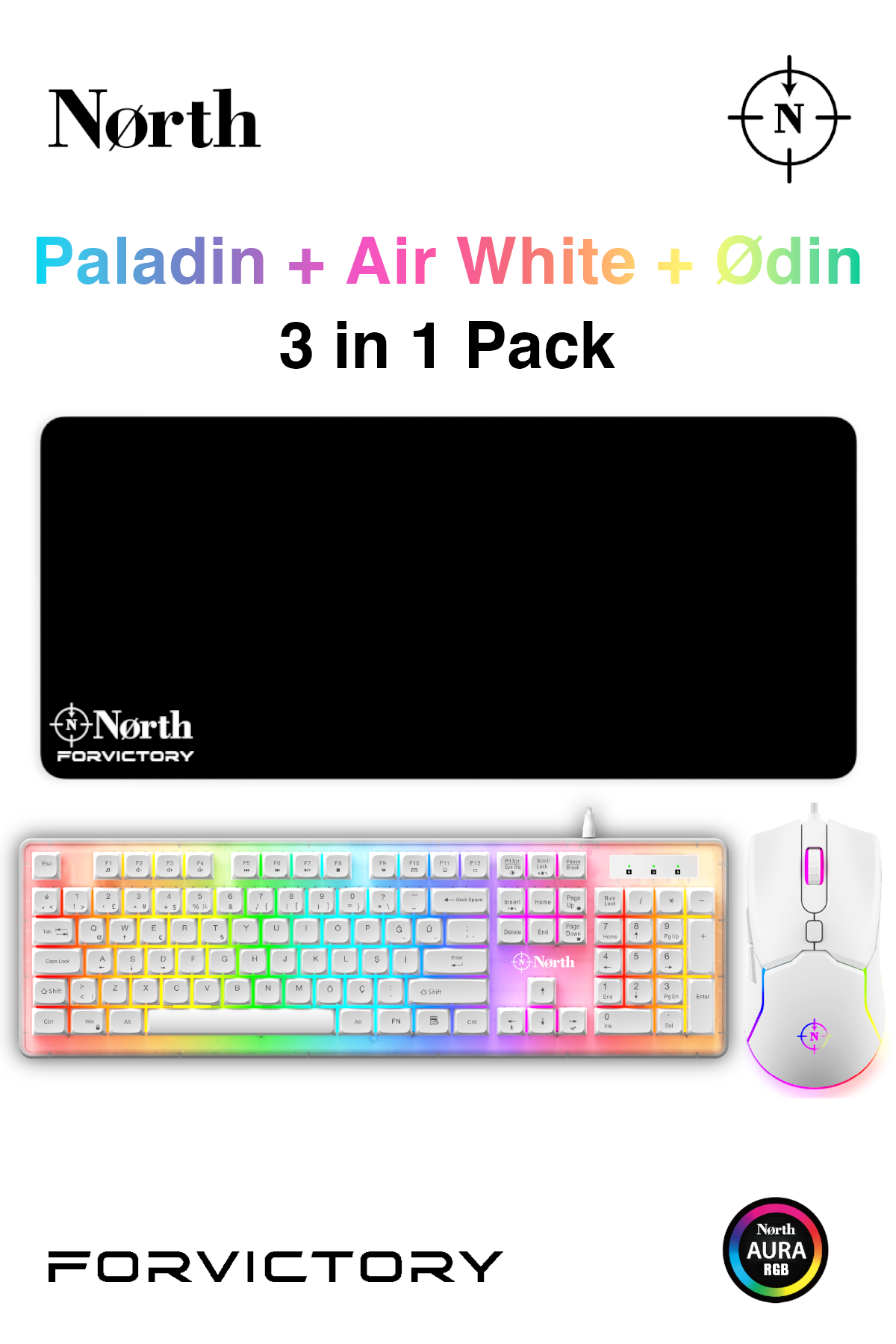 North Paladin Oyuncu Klavyesi + Air White Oyuncu Mouse + Odin Oyuncu Mousepad White Bundle