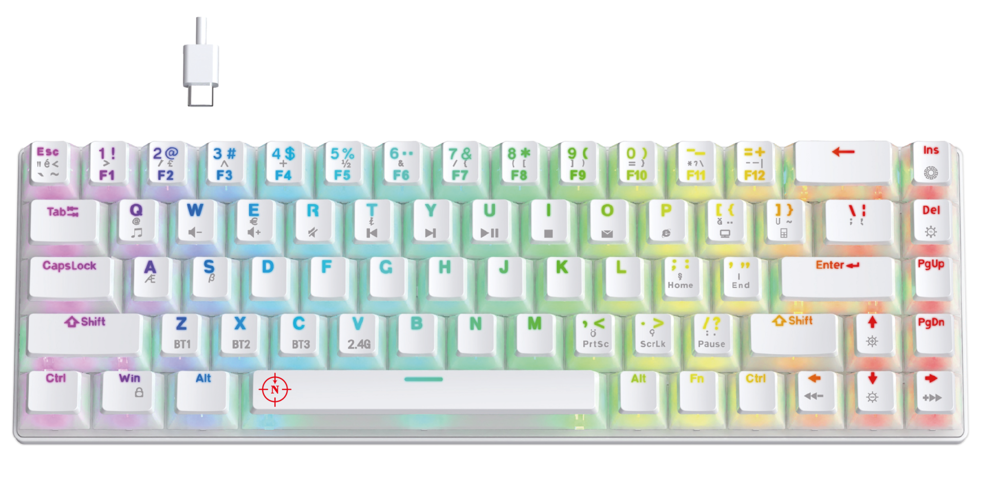 North Odin PRO WL68 LightCore Kablosuz Bluetooth RGB Red Switch Türkçe Beyaz Mekanik Gaming Klavye