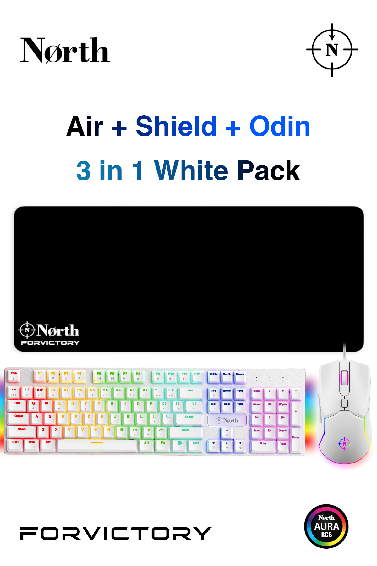 North Shield White Mekanik Oyuncu Klavyesi + Air White RGB Oyuncu Mouse + Odin Oyuncu Mousepad White Bundle