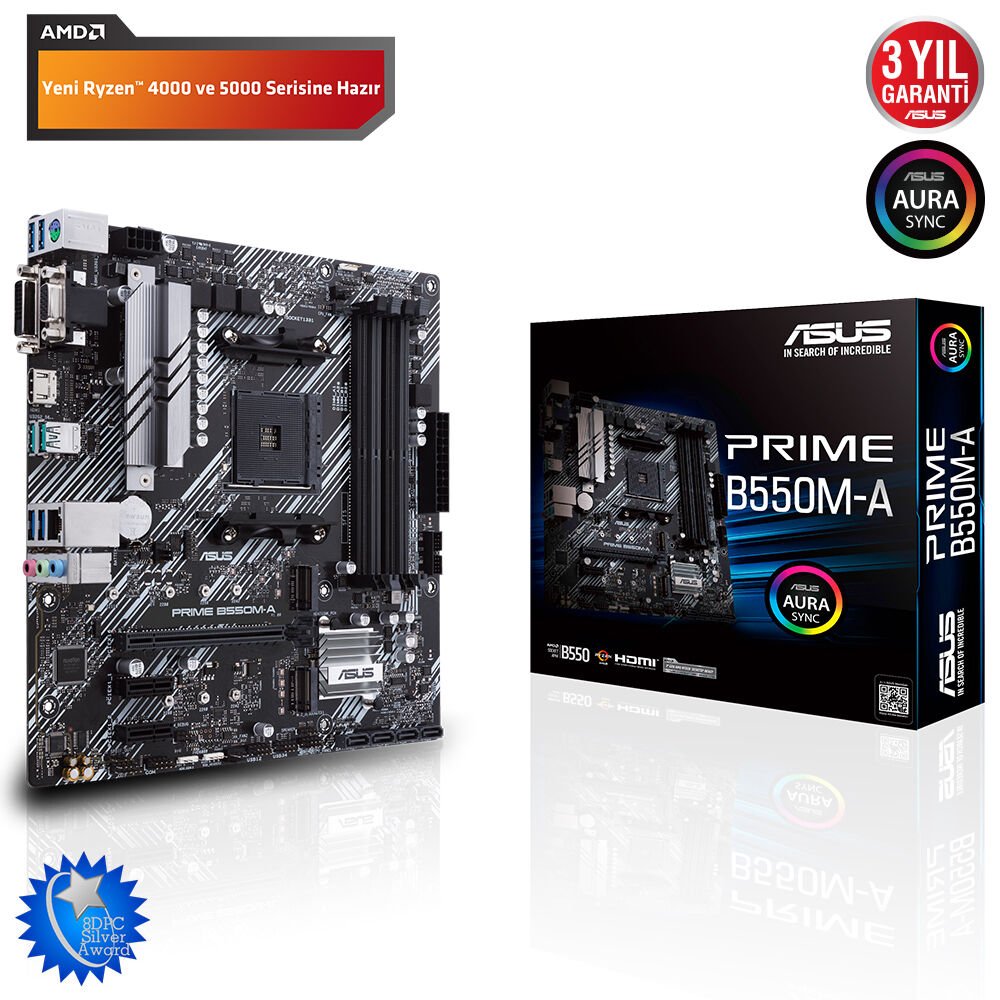 ASUS PRIME B550M-A 4600MHz(OC) DDR4 Soket AM4 M.2 HDMI VGA DVI mATX Anakart