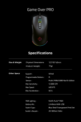 North Game Over PRO 12.800 DPI 400 IPS 50G PMW3389 Makrolu Gaming Oyuncu Mouse